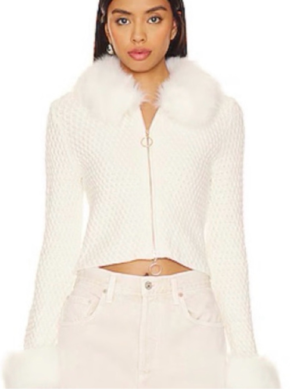 Show Me Your MuMu White Cropped Knit Jacket with Faux Fur Collar
